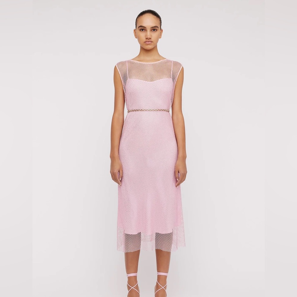 NWT Scanlan Theodore DIAMANTE MESH DRESS PALE PINK - Picture 3 of 13